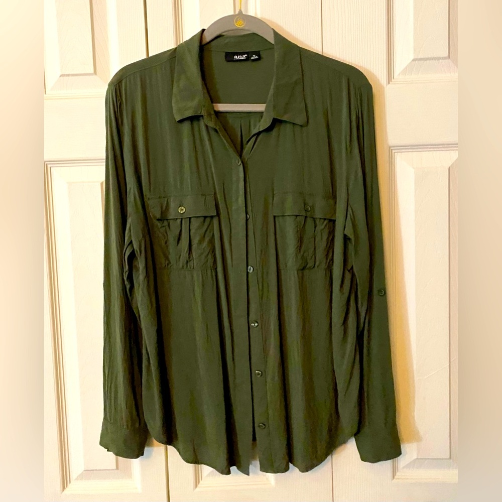 a.n.a Olive Green Button Down Blouse